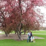 a family is photographed near a pink blooming tree in City park