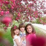 three girls are photographed under a pink blooming tree