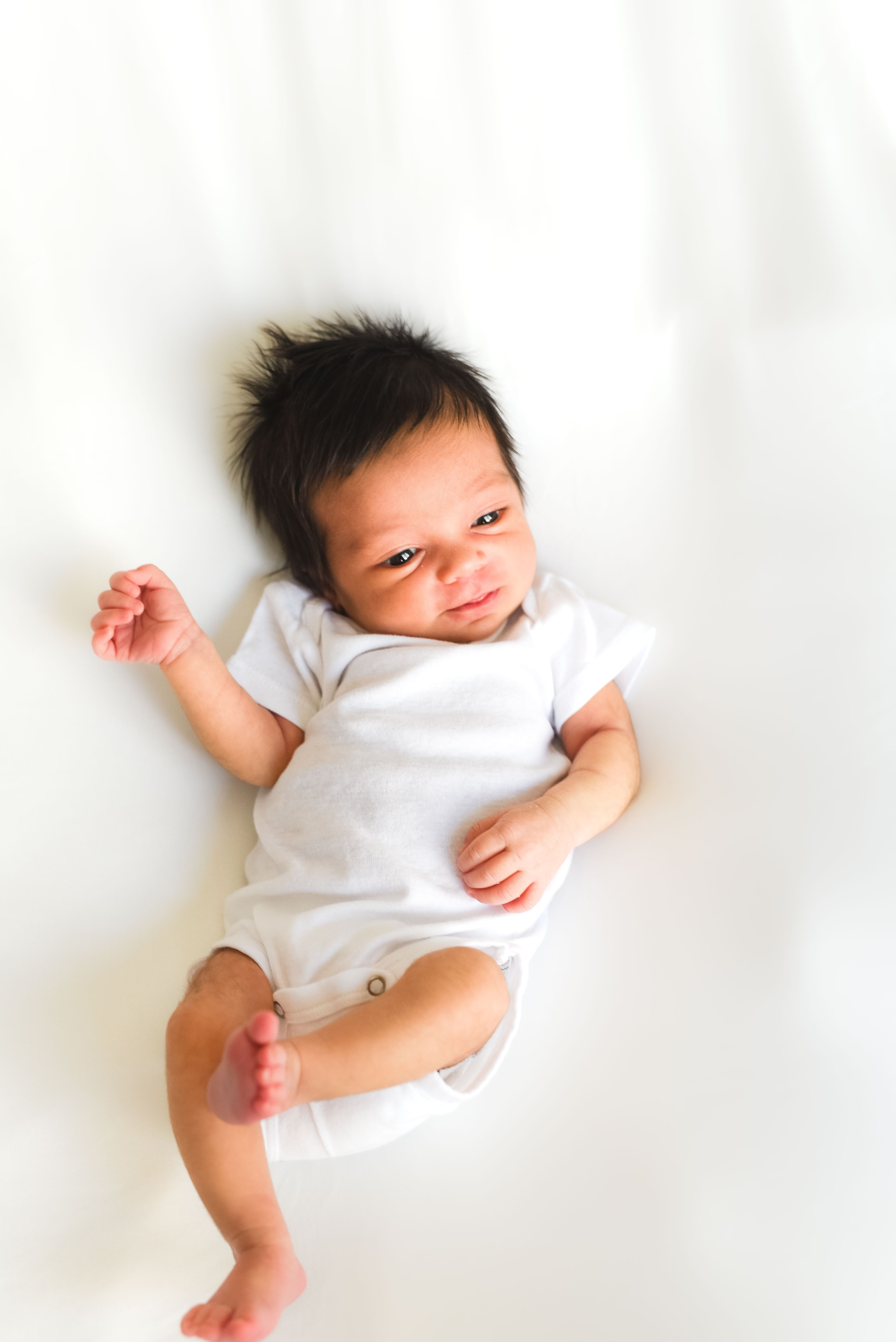 a newborn baby rests on a white backdrop 