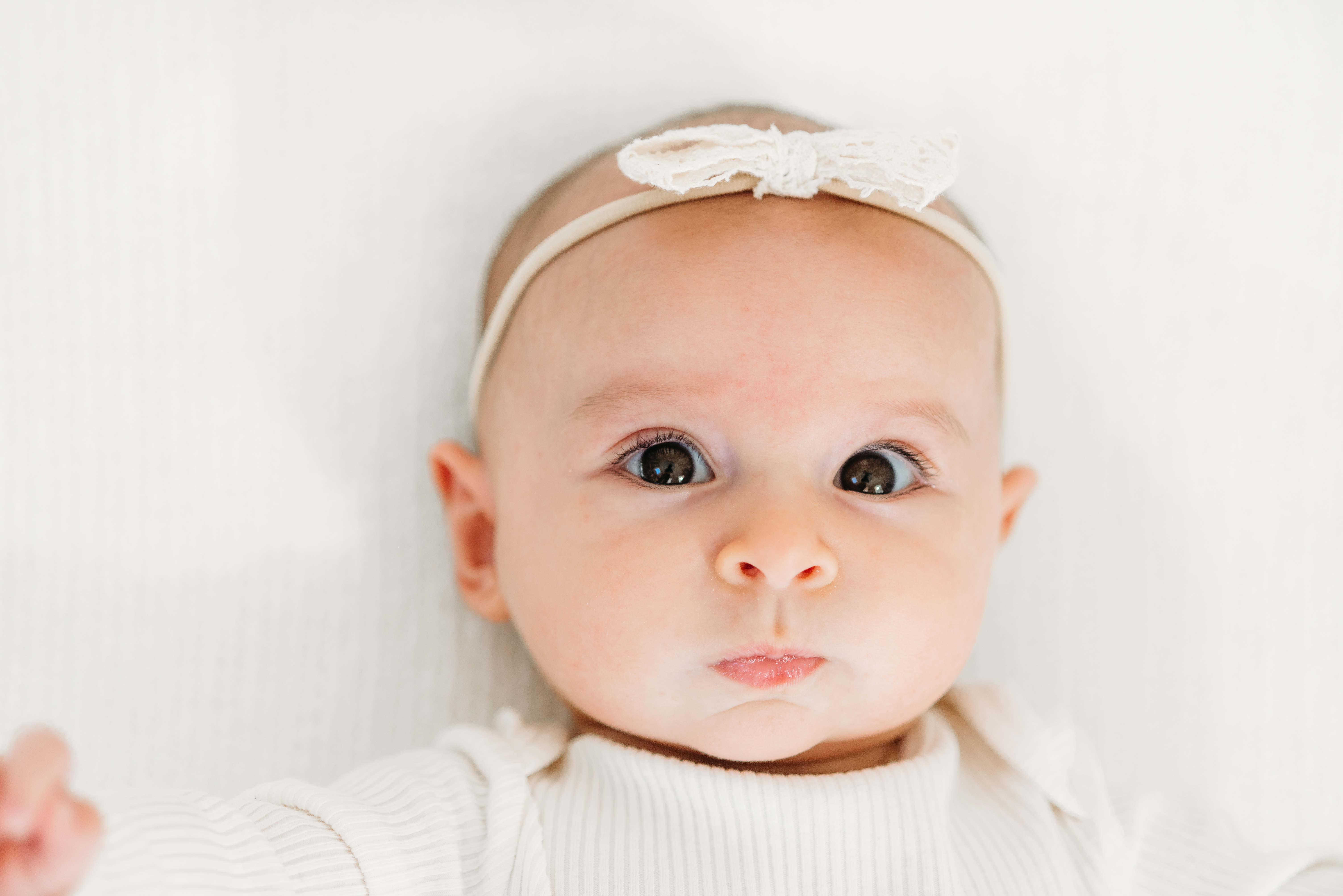 a 3 month old baby girl with a white bow looks at the camera with her beautiful brown eyes