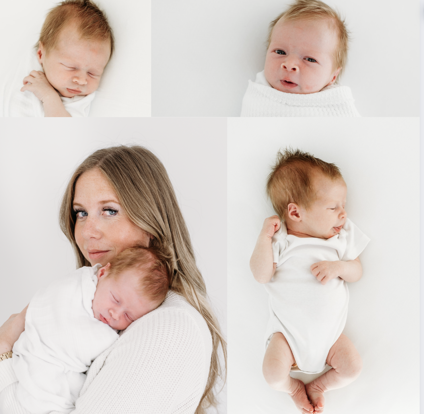 four images a newborn baby in a white outfit