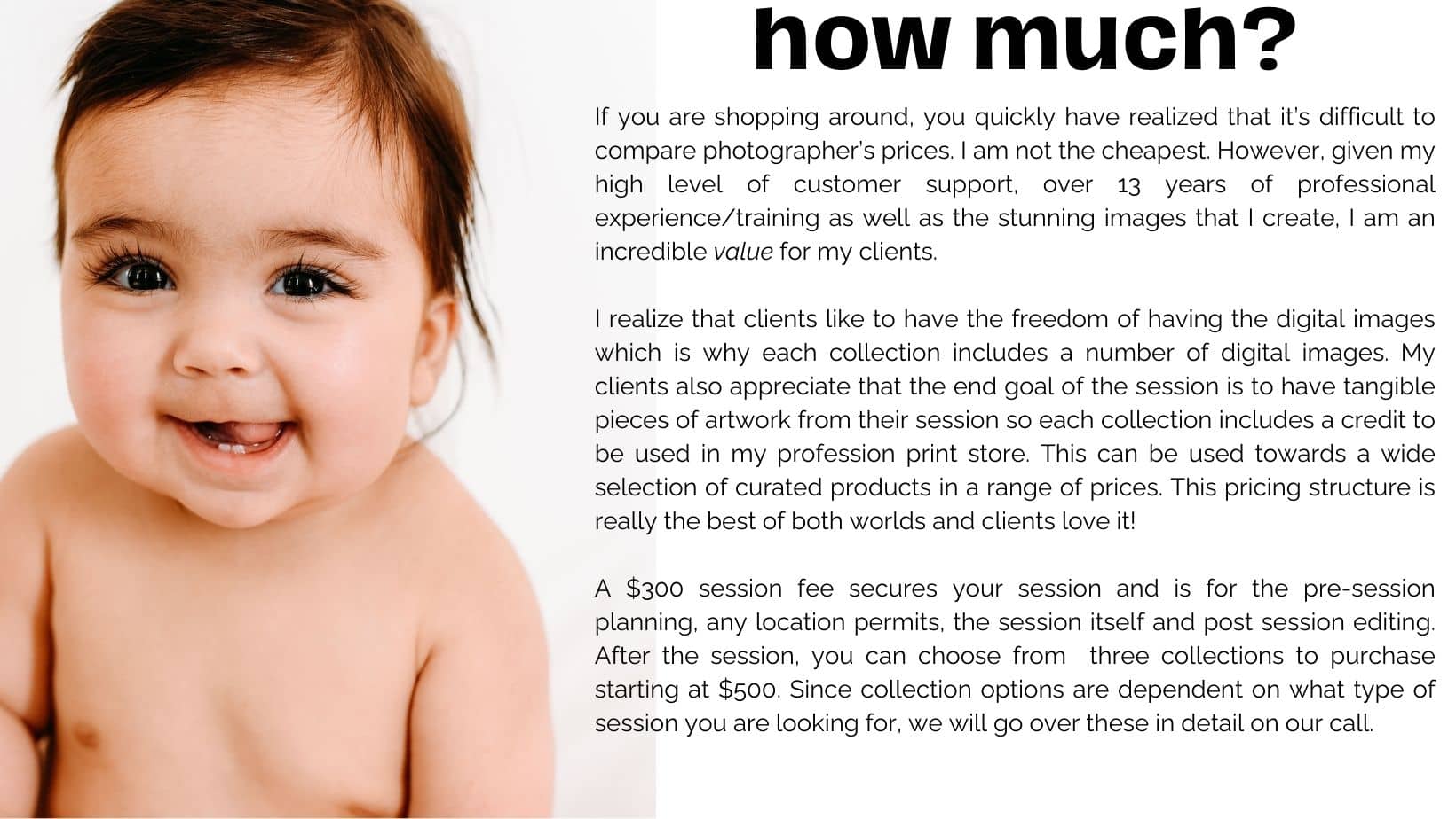 a happy baby is smiling at the camera. text outlines pricing info